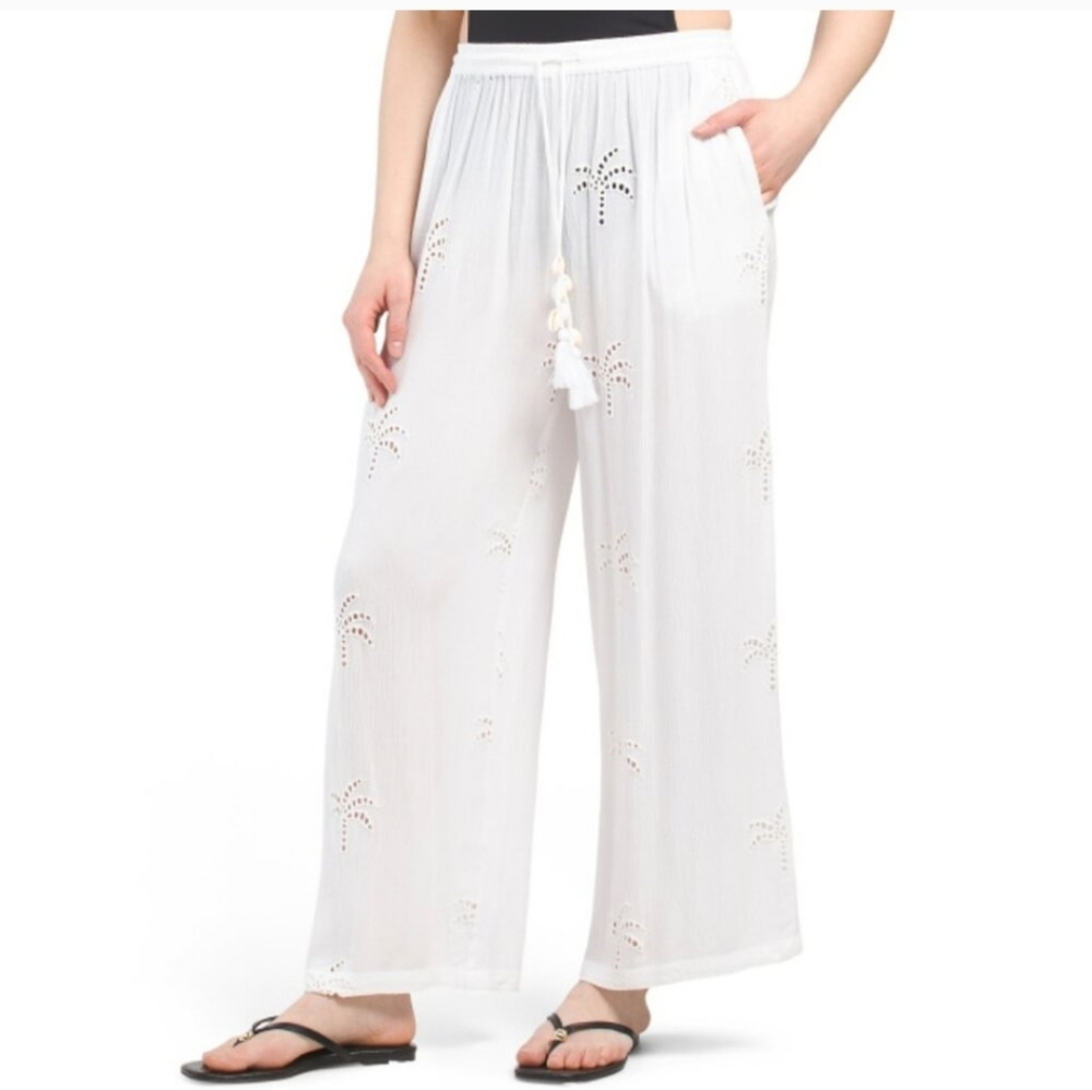NWT Blue Island Beach Coverup Pants White Palm Tree Pockets S